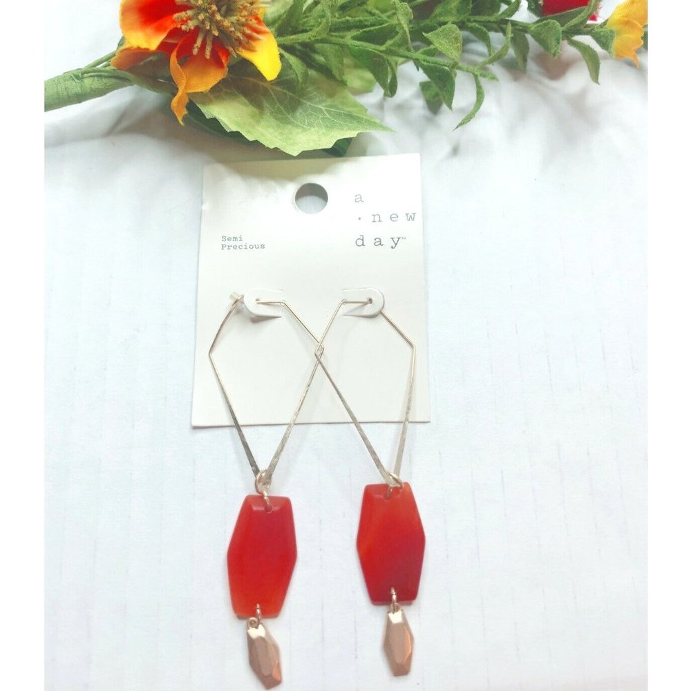 Semi-Precious Stone Aventurine Malachite Dangle Drop Hoop Earrings Orang…